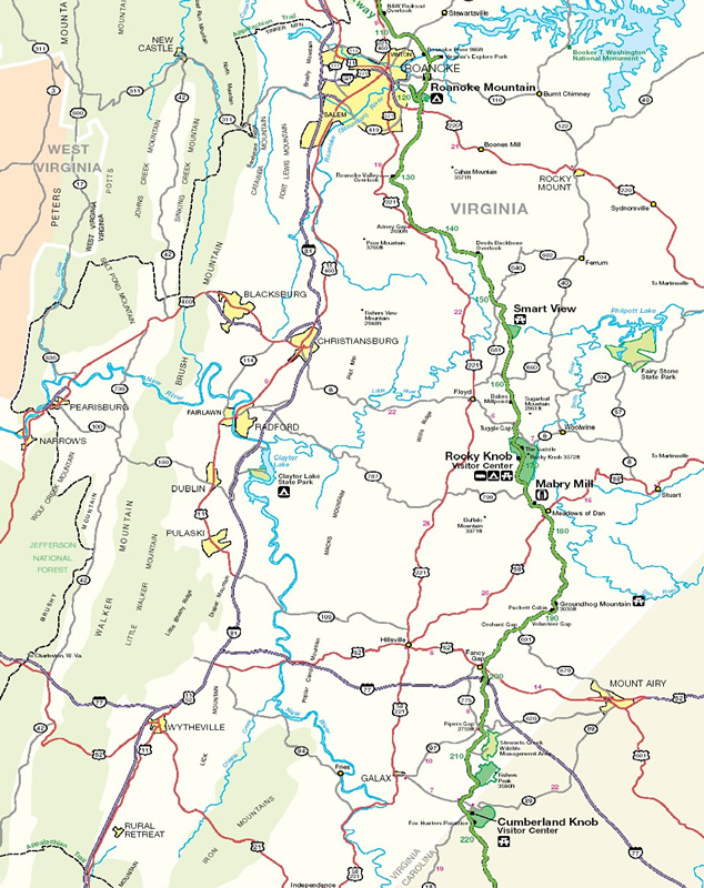Map of the Blue Ridge Parkway Blue Ridge Highlands Virginia - VA
